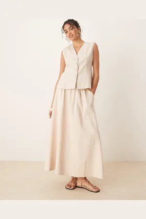 Y.A.S Linen touch full midi skirt in birch cream