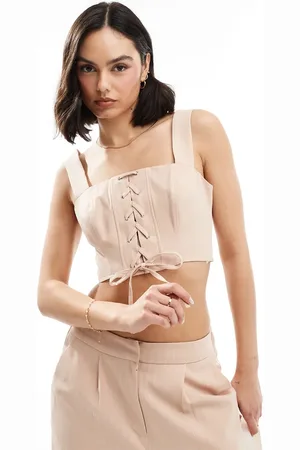 Miss Selfridge Lace up corset crop top co ord in pinstripe
