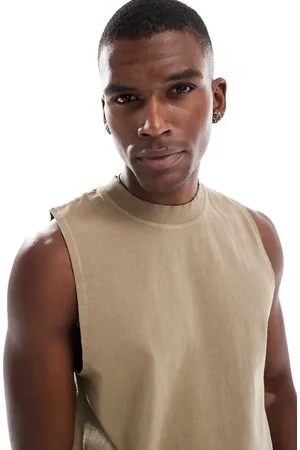 ASOS Heavyweight boxy crew neck washed tank 280gsm in stone