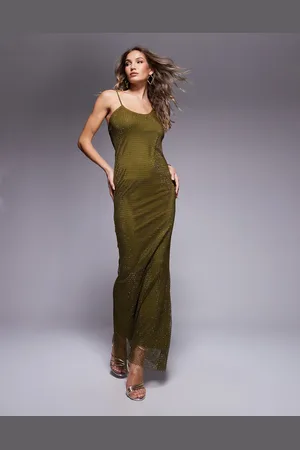 ASOS Fishnet hotfix asymmetric cowl maxi dress in olive green