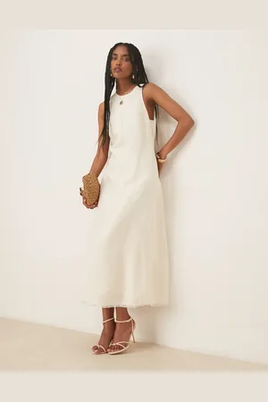 MANGO Structred linen mix midi dress with raw hem in cream
