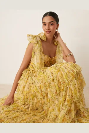 Lace & Beads Bow shoulder tiered tulle maxi dress in floral