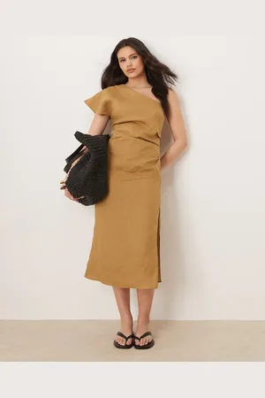 MANGO 100% linen one shoulder midi dress with ruched waist in sand