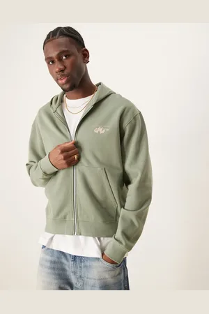 ASOS Boxy oversized zip through hoodie with chest and back print in dusty