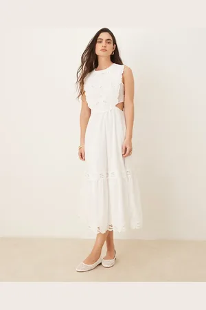 MANGO Embroidered midi dress with cut out side detail in