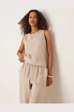 VILA Crinkle sleeveless top co-ord in beige