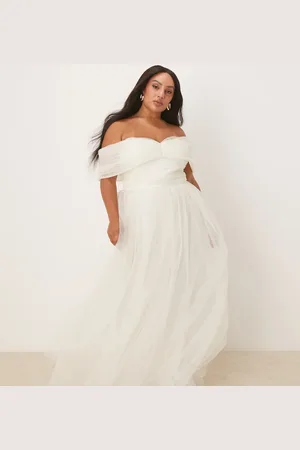 Lace & Beads Bow off shoulder tulle maxi dress in ivory