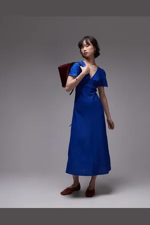 MANGO Linen short sleeve midi dress in
