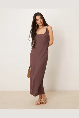 ASOS Linen look twist strap bias maxi dress in chocolate