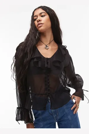 Topshop Sheer ruffle tie front top in