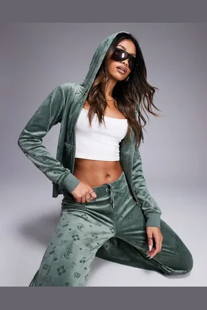 Juicy Couture Debossed monogram velour zip through hoodie co-ord in khaki