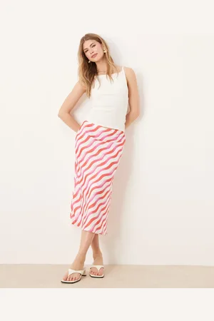 Y.A.S Diagonal stripe midi skirt in pink and white