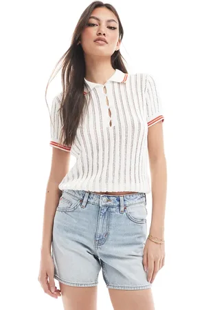 Monki Knitted polo top with stitch detail in