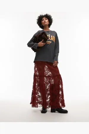 Topshop Ruffle seam sheer lace maxi skirt in