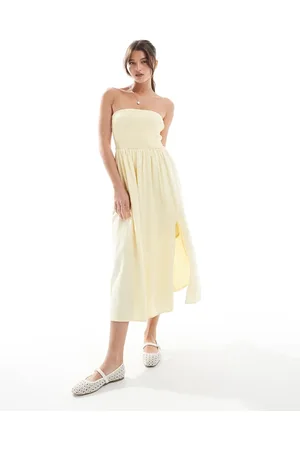 Hollister Strapless drop waist panelled midi dress in lemon