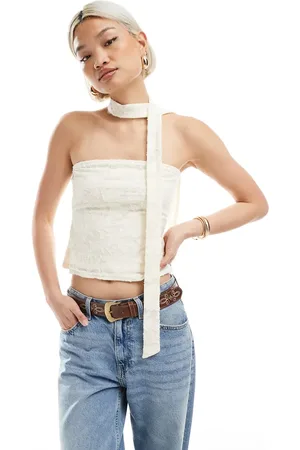 Miss Selfridge Burnout textured bandeau scarf top in cream