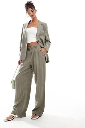 VERO MODA Linen touch pleat front trouser co-ord in khaki stripe