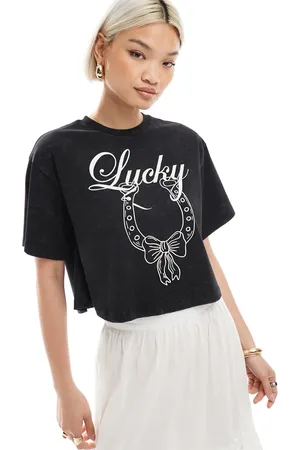 Miss Selfridge Acid wash lucky horseshoe loose wide crop tee in