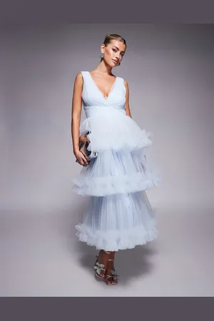 Lace & Beads Ruffle tiered midaxi dress in sky