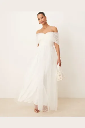 Lace & Beads Bow off shoulder tulle maxi dress in ivory