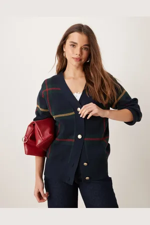 GANT Knitted cardigan with gold buttons in tartan