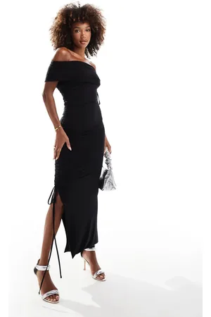 Kaiia Double layered slinky fold detail offer shoulder maxi dress in