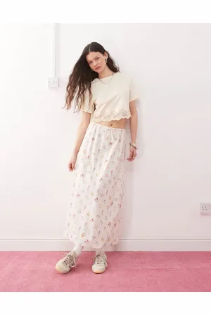 Miss Selfridge Linen midi slip skirt in cream floral print