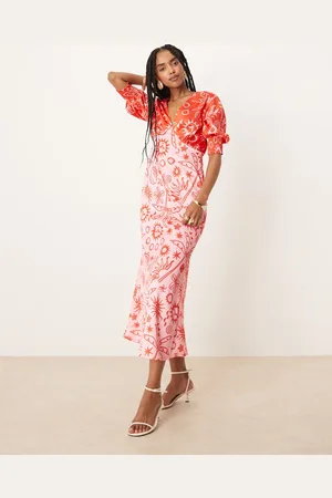 Never Fully Dressed Palm print contrast midaxi dress in red and