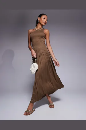 ASOS Crinkle shirred bodice one shoulder asym dropped waist midaxi dress in chocolate