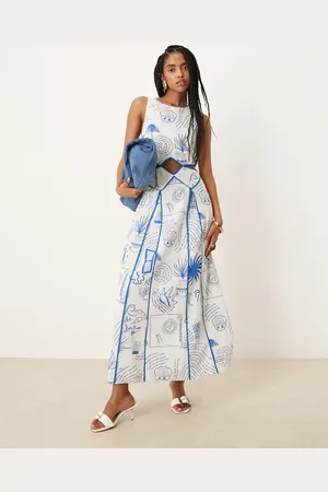 Never Fully Dressed Contrast seam midaxi dress in blue print