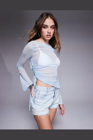 Missyempire Mesh ruched side flare sleeve top in
