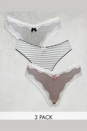 ASOS 3 pack high leg thong with trim in stripe & grey marl