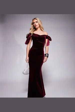 Forever New Bow draped velvet maxi gown in oxblood