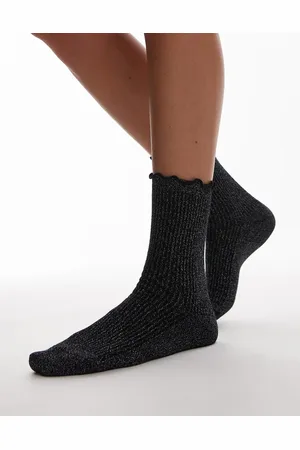 Topshop Glitter ribbed socks with frill edge in black