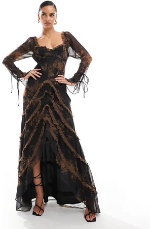 ASOS Long sleeve frill high low maxi dress in abstract print