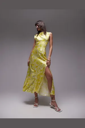 Topshop Drape neck maxi dress in lime floral