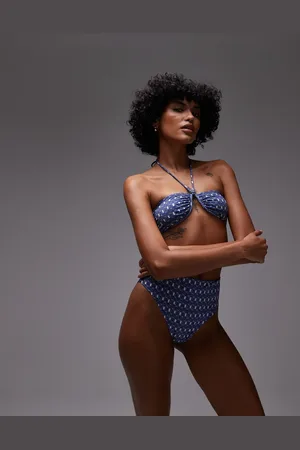 ARKET Mix & match wired bandeau bikini top with removeable pads and halterneck straps in blue and white print