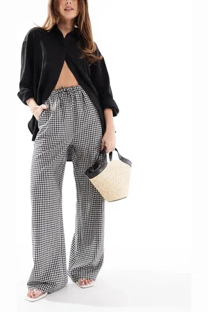 Threadbare Gingham tie waist wide leg trousers in and white