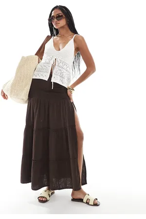 Bershka Shirred waist tiered maxi skirt in