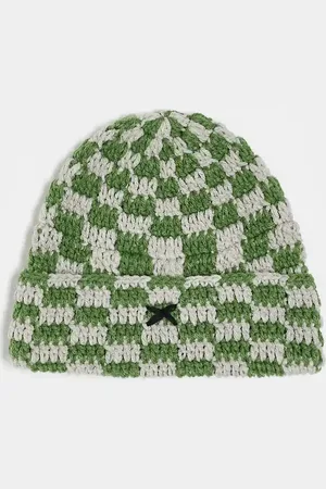 COLLUSION Unisex crochet checkerboard beanie in and grey