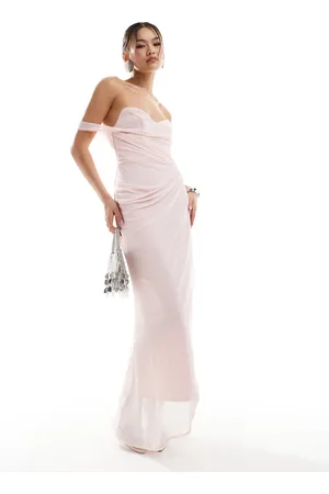 ASOS Sculpting pencil bardot midi dress with draped mesh overlay in blush