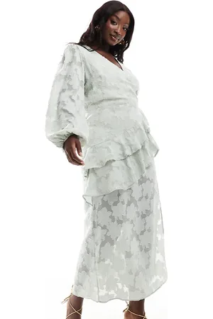 In The Style X Perrie Sian wrap asymmetric ruffle maxi dress in sage jacquard