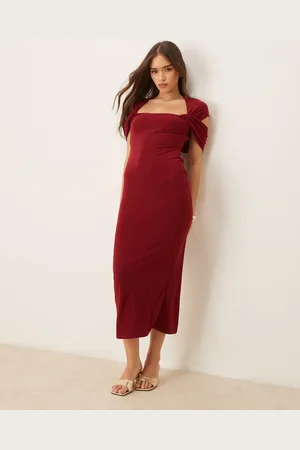 ASOS Twist shoulder midi dress in burgundy
