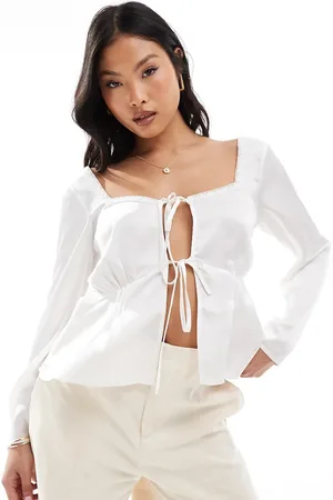 ASOS ASOS DESIGN Petite lace trim tie front satin babydoll top in