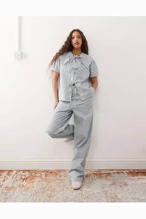 Reclaimed Pinstripe baggy wide denim jean co-ord with button detail