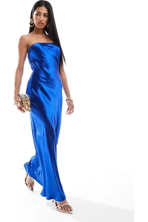 Aria Cove Exclusive hammered satin bandeau open back maxi dress in cobalt