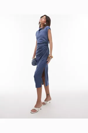 MANGO Cap sleeve midi dress with ruched side in petrol