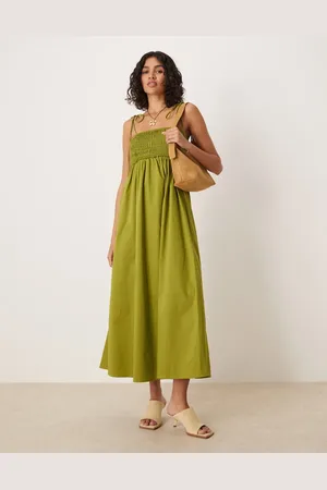 ASOS Shirred bust cotton poplin midi dress in khaki