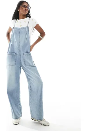 Monki Denim tie detail dunagrees in light wash