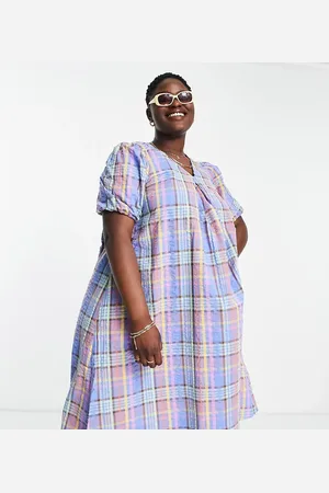 Pieces® Pieces Curve puff sleeve midi dress in check